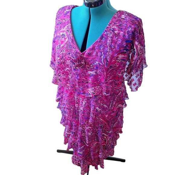 Vintage 70s/80s Hot Pink/Purple Swirl Ruffled Flutter Sleeve Dress Women Size L - Picture 1 of 10